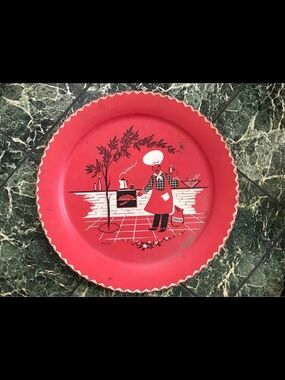 Vintage Red Metal Serving Tray with Chef Illustration